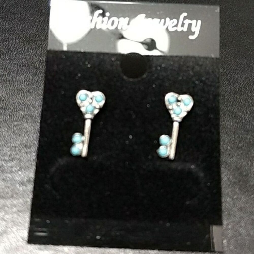 Silver Tone and Blue Accent Key Shaped Earrings